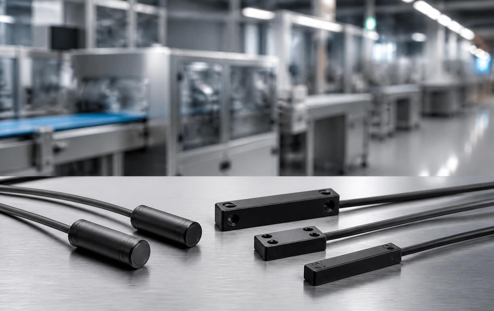 NOVOPERM Magnetschalter in verschiedenen Bauformen vor industrieller Fertigungsanlage